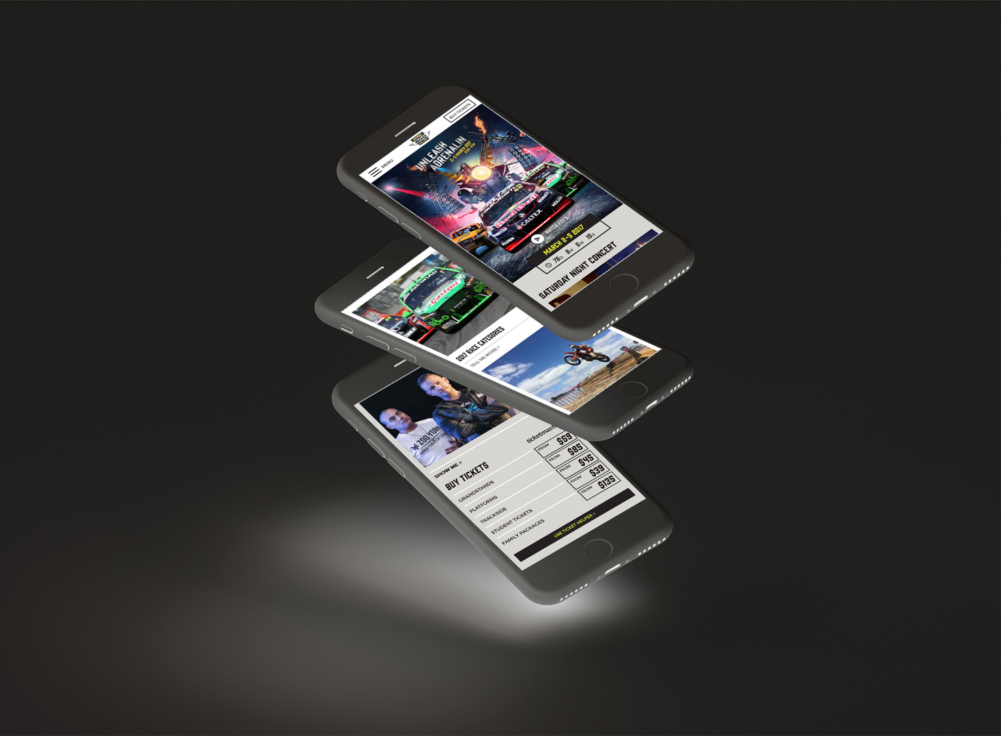 A stack of iPhones showing the Adelaide 500 website design