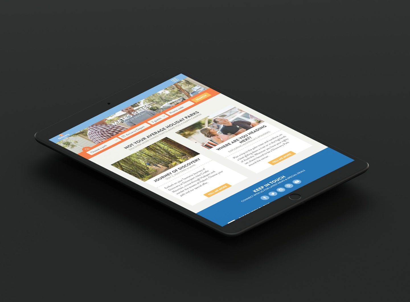 An iPad showing the Discovery Parks tablet size website